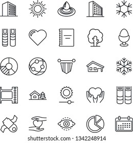 Thin Line Icon Set - sun vector, office building, book, pennant, circle chart, tree, heart, hand, satellite, film frame, network, brightness, eye id, copybook, pie graph, house with garage, water