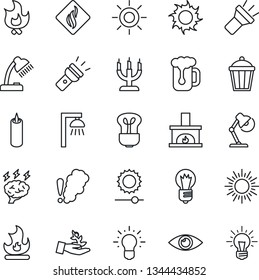 Thin Line Icon Set - sun vector, brainstorm, bulb, fire, garden light, eye, torch, brightness, desk lamp, fireplace, beer, candle, smoke detector, outdoor, palm sproute, idea