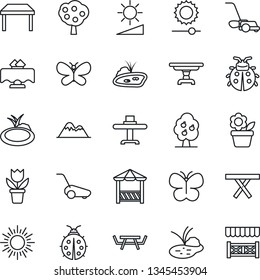 Thin Line Icon Set - sun vector, flower in pot, lawn mower, butterfly, lady bug, pond, picnic table, brightness, fruit tree, mountains, restaurant, alcove