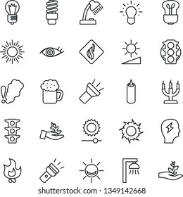 Thin Line Icon Set - sun vector, brainstorm, bulb, fire, eye, traffic light, torch, brightness, desk lamp, beer, candle, smoke detector, energy saving, outdoor, alarm led, palm sproute, idea
