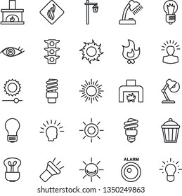 Thin Line Icon Set - sun vector, bulb, fire, garden light, eye, traffic, torch, brightness, desk lamp, fireplace, smoke detector, energy saving, alarm led, shining head, idea