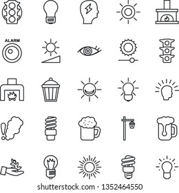 Thin Line Icon Set - sun vector, brainstorm, bulb, garden light, eye, traffic, brightness, fireplace, beer, smoke detector, energy saving, alarm led, palm sproute, shining head, idea