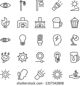 Thin Line Icon Set - sun vector, brainstorm, bulb, fire, garden light, eye, torch, brightness, desk lamp, fireplace, beer, smoke detector, energy saving, outdoor, palm sproute