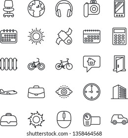Thin Line Icon Set - sun vector, plane, office building, chair, case, mouse, bike, earth, satellite, term, camera, video, headphones, mobile, eye id, clock, calculator, radiator, door, home message