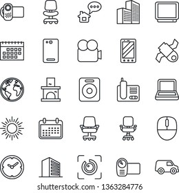 Thin Line Icon Set - sun vector, mobile phone, office building, chair, mouse, fireplace, earth, satellite, tv, video camera, radio, speaker, back, eye id, calendar, clock, notebook pc, home message