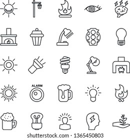 Thin Line Icon Set - sun vector, brainstorm, bulb, fire, garden light, eye, traffic, torch, desk lamp, fireplace, beer, energy saving, outdoor, alarm led, shining head, idea, palm sproute