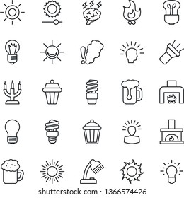 Thin Line Icon Set - sun vector, brainstorm, bulb, fire, garden light, torch, brightness, desk lamp, fireplace, beer, candle, smoke detector, energy saving, outdoor, alarm led, shining head, idea