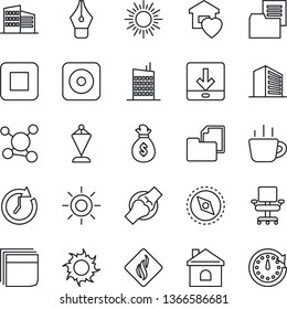 Thin Line Icon Set - sun vector, office building, pennant, coffee, house, joint, molecule, folder document, stop button, rec, download, compass, ink pen, chair, blank box, sweet home, city, clock
