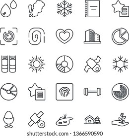 Thin Line Icon Set - sun vector, radar, book, circle chart, heart, barbell, satellite, favorites list, eye id, fingerprint, copybook, pie graph, house with tree, pond, egg stand, snowflake, water