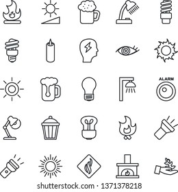 Thin Line Icon Set - sun vector, brainstorm, bulb, fire, garden light, eye, torch, brightness, desk lamp, fireplace, beer, candle, smoke detector, energy saving, outdoor, alarm led, palm sproute