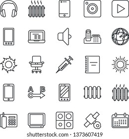 Thin Line Icon Set - sun vector, mobile phone, notebook pc, syringe, satellite, route, tv, cell, headphones, play button, camera, application, copybook, office, chair, heater, radiator, sound, earth