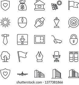Thin Line Icon Set - sun vector, plane, lock, office building, book, pennant, mouse, money bag, tree, lawn mower, heart shield, joint, download, ink pen, chair, house, panel, plan, estate search
