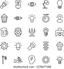 Thin Line Icon Set - sun vector, brainstorm, bulb, garden light, eye, traffic, torch, desk lamp, fireplace, beer, candle, outdoor, alarm led, palm sproute, shining head, idea