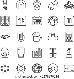 Thin Line Icon Set - sun vector, book, pedestal, office binder, calendar, circle chart, tree, eye, no hook, pause button, fingerprint id, sertificate, paper clip, building, pool, beer, snowflake