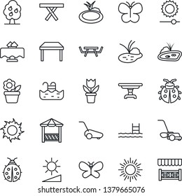 Thin Line Icon Set - sun vector, flower in pot, lawn mower, butterfly, lady bug, pond, picnic table, brightness, pool, fruit tree, restaurant, alcove