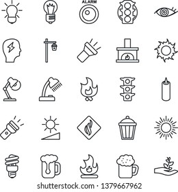 Thin Line Icon Set - sun vector, brainstorm, bulb, fire, garden light, eye, traffic, torch, brightness, desk lamp, fireplace, beer, candle, smoke detector, energy saving, alarm led, palm sproute