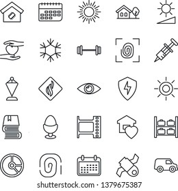 Thin Line Icon Set - sun vector, luggage storage, pennant, circle chart, syringe, barbell, heart hand, eye, satellite, term, film frame, protect, brightness, book, house with tree, sweet home, smart