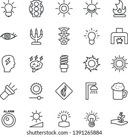 Thin Line Icon Set - sun vector, brainstorm, fire, eye, traffic light, torch, brightness, fireplace, beer, candle, smoke detector, bulb, energy saving, outdoor lamp, alarm led, shining head, idea