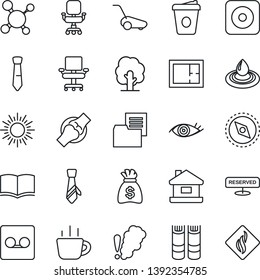 Thin Line Icon Set - sun vector, book, money bag, coffee, tree, lawn mower, molecule, eye, joint, folder document, rec button, record, compass, office chair, tie, house, plan, reserved, water