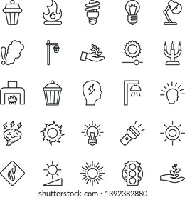 Thin Line Icon Set - sun vector, brainstorm, bulb, fire, garden light, traffic, torch, brightness, desk lamp, fireplace, candle, smoke detector, energy saving, outdoor, palm sproute, shining head