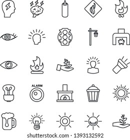 Thin Line Icon Set - sun vector, brainstorm, fire, garden light, eye, traffic, torch, fireplace, beer, candle, smoke detector, bulb, alarm led, palm sproute, shining head, idea