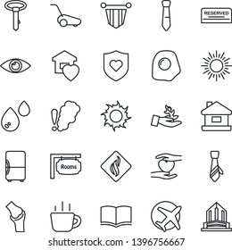 Thin Line Icon Set - sun vector, book, pennant, coffee, lawn mower, heart shield, hand, eye, joint, plane, tie, house, rooms, sweet home, reserved, omelette, water, smoke detector, fridge