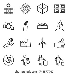 thin line icon set : sun power, box, panel house, water tap, seedling, sprouting, hand leaf, factory, windmill, drop, ecology, trash, garbage bin