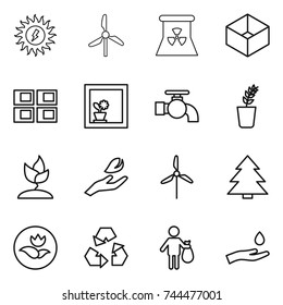 thin line icon set : sun power, windmill, nuclear, box, panel house, flower in window, water tap, seedling, sprouting, hand leaf, spruce, ecology, recycling, trash, and drop