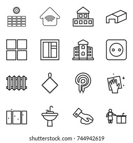 thin line icon set : sun power, wireless home, cottage, warehouse, window, building, socket, radiator, rag, elecric oven, wiping, clean, water tap sink, kitchen cleaning