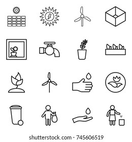thin line icon set : sun power, windmill, box, flower in window, water tap, seedling, sprouting, hand drop, ecology, trash bin, and, garbage