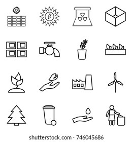thin line icon set : sun power, nuclear, box, panel house, water tap, seedling, sprouting, hand leaf, factory, windmill, spruce, trash bin, and drop, garbage