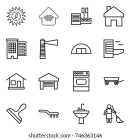 thin line icon set : sun power, wireless home, store, houses, lighthouse, hangare, hotel, garage, oven, trailer, scraper, brush, water tap sink, brooming