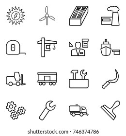 thin line icon set : sun power, windmill, brick, factory, measuring tape, tower crane, architector, port, fork loader, railroad shipping, repair tools, sickle, gears, wrench, sweeper, scraper