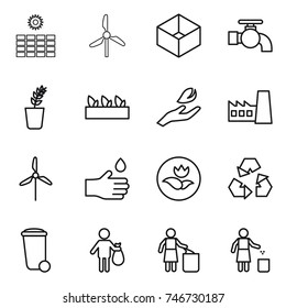 thin line icon set : sun power, windmill, box, water tap, seedling, hand leaf, factory, drop, ecology, recycling, trash bin, garbage