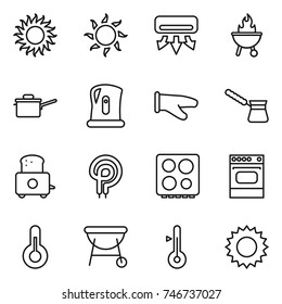 thin line icon set : sun, air conditioning, bbq, saute pan, kettle, cook glove, turk, toaster, elecric oven, hob, thermometer