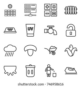 thin line icon set : sun power, server, calculator, fence, taxi, uv cream, water tap, unlocked, rain cloud, mushroom, wheelbarrow, corn, udder, trash bin, garbage, iron