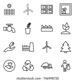 thin line icon set : sun power, windmill, panel house, flower in window, water tap, seedling, sprouting, hand leaf, factory, spruce, ecology, recycling, trash truck