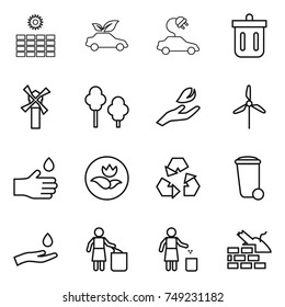 thin line icon set : sun power, eco car, electric, bin, windmill, trees, hand leaf, drop, ecology, recycling, trash, and, garbage, construct