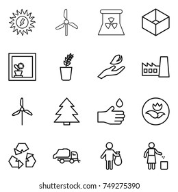 thin line icon set : sun power, windmill, nuclear, box, flower in window, seedling, hand leaf, factory, spruce, drop, ecology, recycling, trash truck, garbage bin