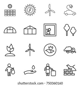 thin line icon set : sun power, windmill, electric car, greenhouse, flower in window, trees, sprouting, ecology, trash truck, hand and drop, garbage bin, construct