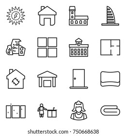 thin line icon set : sun power, home, mansion, skyscraper, modern architecture, window, university, plan, smart house, warehouse, door, sponge, clean, kitchen cleaning, cleaner, towel