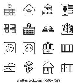 thin line icon set : sun power, wireless home, cottage, houses, panel house, university, dome, office, socket, dresser, window, slippers, elecric oven, clean