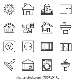 thin line icon set : sun power, home, mansion, plan, house, architector, sink, socket, window, clean, scraper, utility room, washing machine, water tap