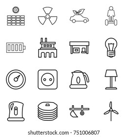 thin line icon set : sun power, nuclear, eco car, hoverboard, battery, factory, gas station, bulb, barometer, socket, kettle, floor lamp, pancakes, plow, windmill