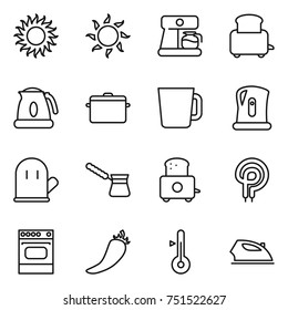 thin line icon set : sun, coffee maker, toaster, kettle, pan, cup, cook glove, turk, elecric oven, hot pepper, thermometer, iron