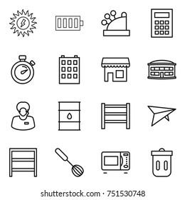 thin line icon set : sun power, battery, cashbox, calculator, stopwatch, building, shop, airport, support manager, barrel, rack, deltaplane, whisk, microwave oven, trash bin
