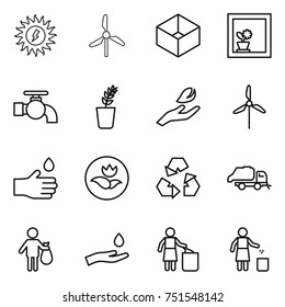 thin line icon set : sun power, windmill, box, flower in window, water tap, seedling, hand leaf, drop, ecology, recycling, trash truck, and, garbage bin