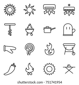 thin line icon set : sun, air conditioning, corkscrew, bbq, saute pan, cook glove, elecric oven, fire, hot pepper, iron board
