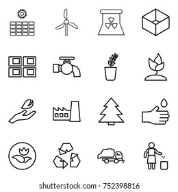 thin line icon set : sun power, windmill, nuclear, box, panel house, water tap, seedling, sprouting, hand leaf, factory, spruce, drop, ecology, recycling, trash truck, garbage bin