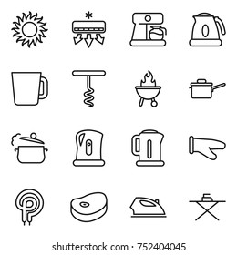 thin line icon set : sun, air conditioning, coffee maker, kettle, cup, corkscrew, bbq, saute pan, steam, cook glove, elecric oven, steake, iron, board